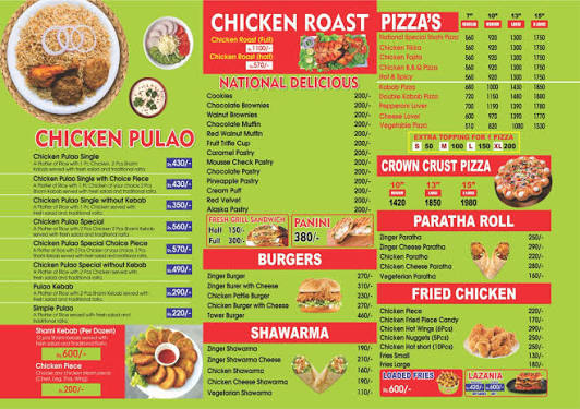 National Sweets & Bakers pulao, roast and bakery menu